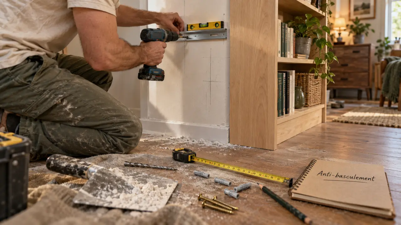 Fixer meuble au mur : bricoleur installe un rail anti-basculement sur placo