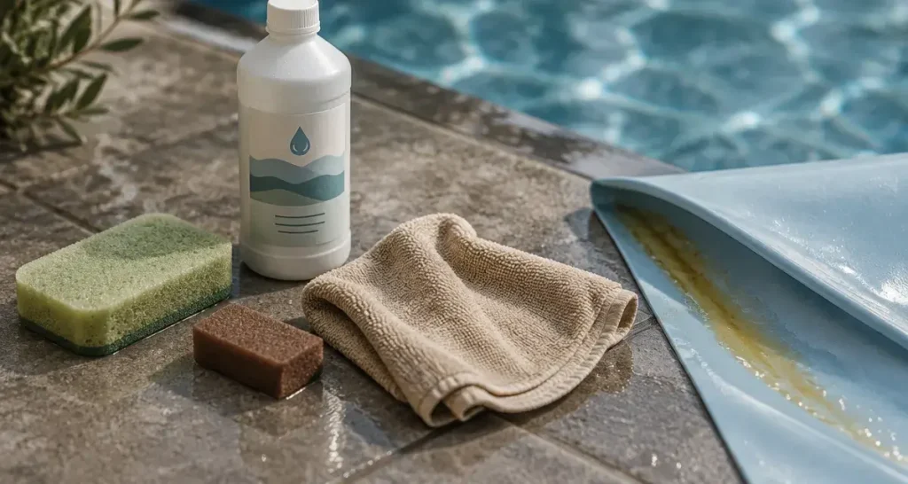 Nettoyage ligne d’eau piscine : trace grasse sur liner, éponge et microfibre