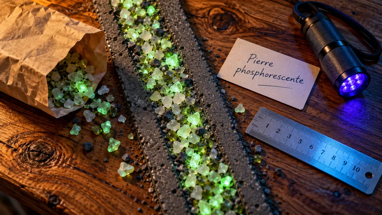 Pierre phosphorescente verte éclairée sous lampe UV, granulés sur bois