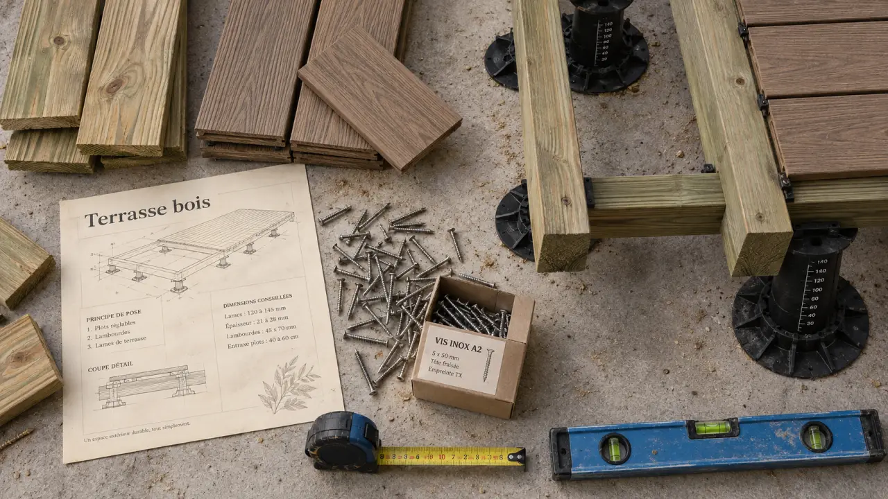 Terrasse plancher bois : lames et support sur plots réglables